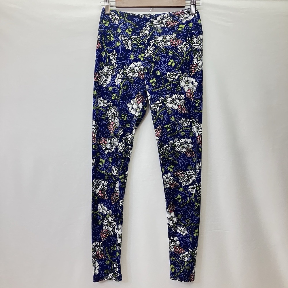 LulaRoe Womens Blue White Green Floral Stretch Leggings Size One Size